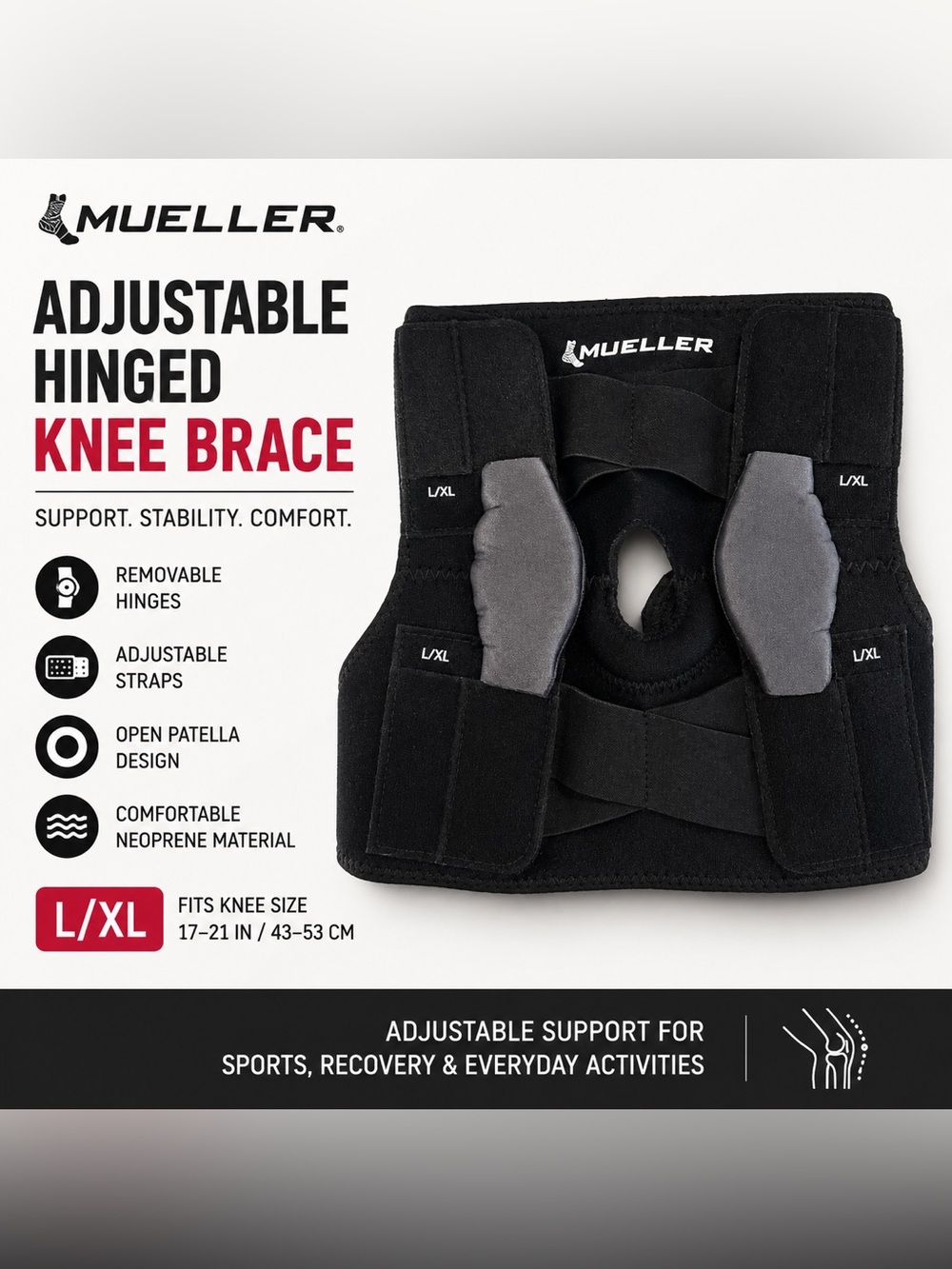 Mueller Adjustable Hinged Knee Brace Support Stabilizer Black L/XL